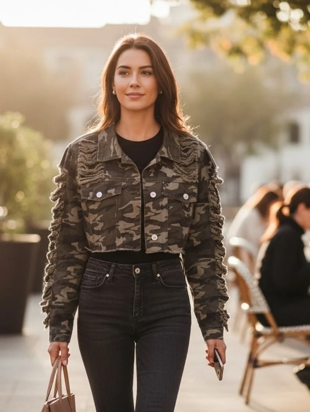 Shein Curve Women's 2XL Camouflage Jacket Green Cropped Front Frayed Distressed.